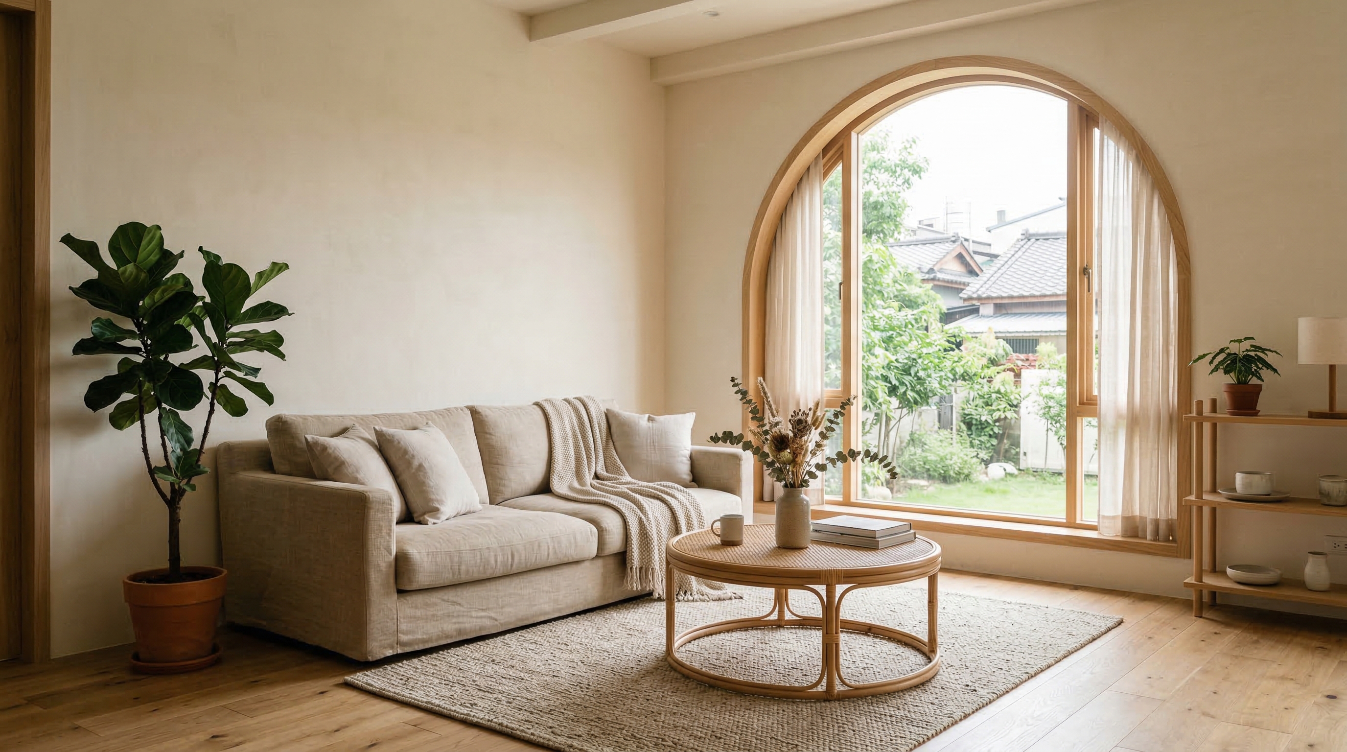 奶油風客廳設計，米白色牆面與亞麻布沙發