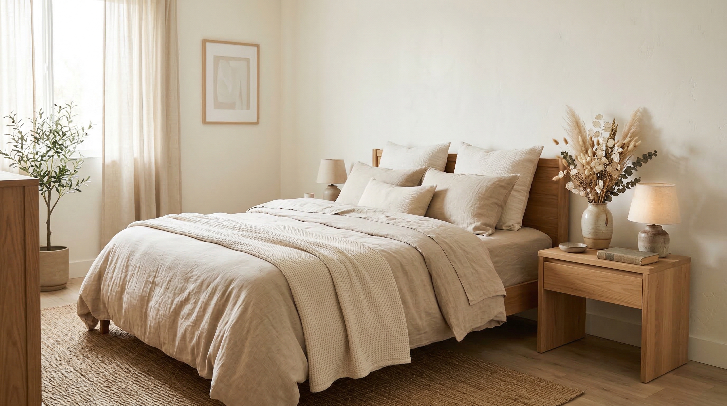 奶油風臥室設計，床頭背板與亞麻床品搭配