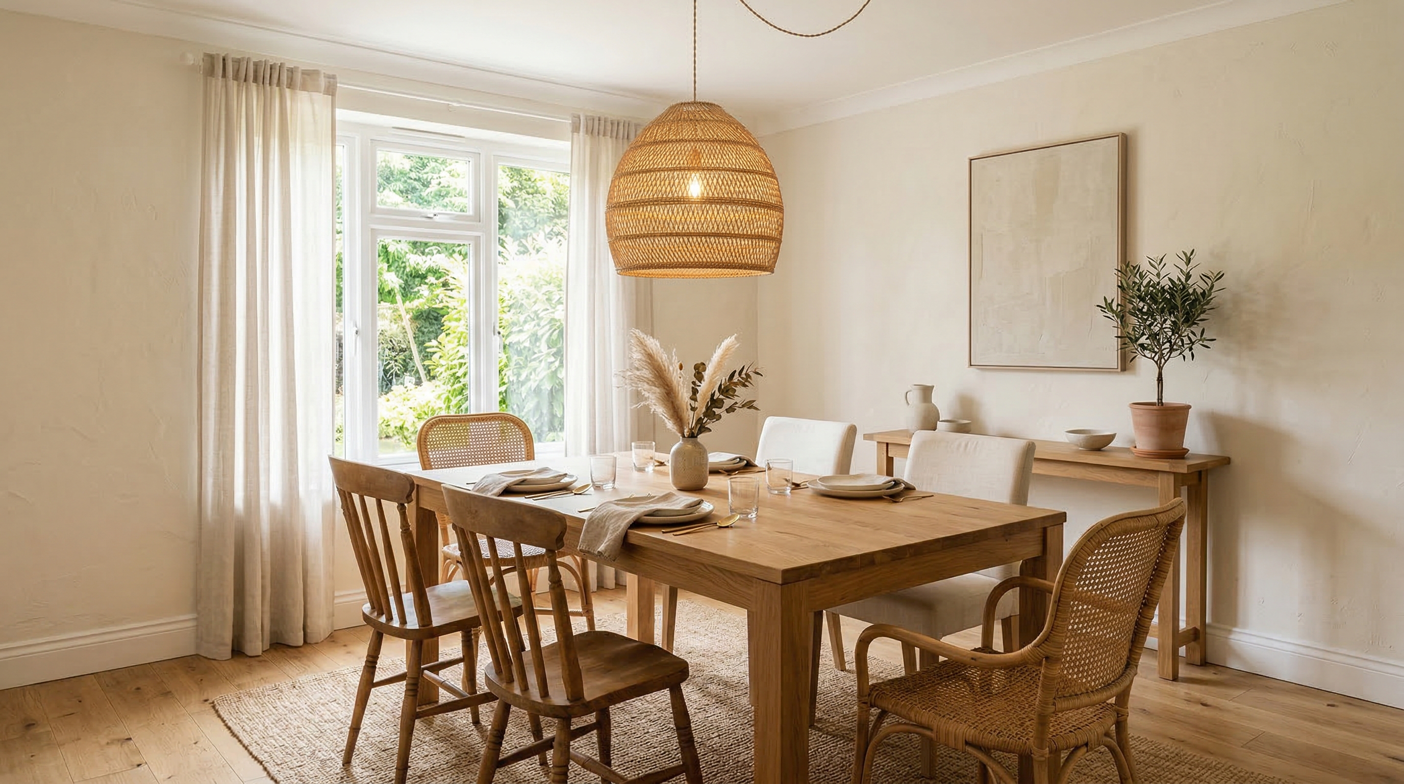 奶油風餐廳設計，原木餐桌與藤編吊燈