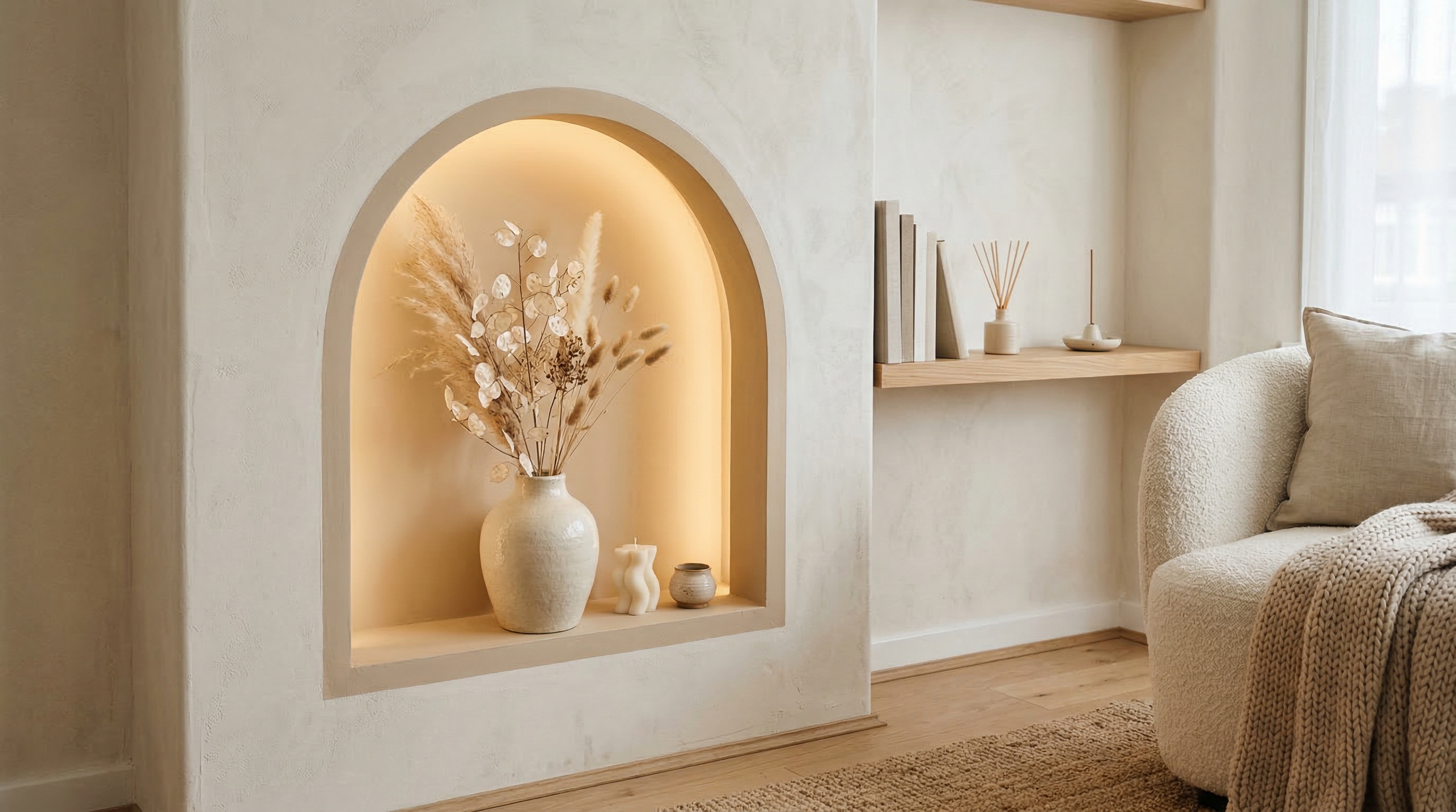 奶油風客廳案例，拱形牆面與圓弧傢俱設計