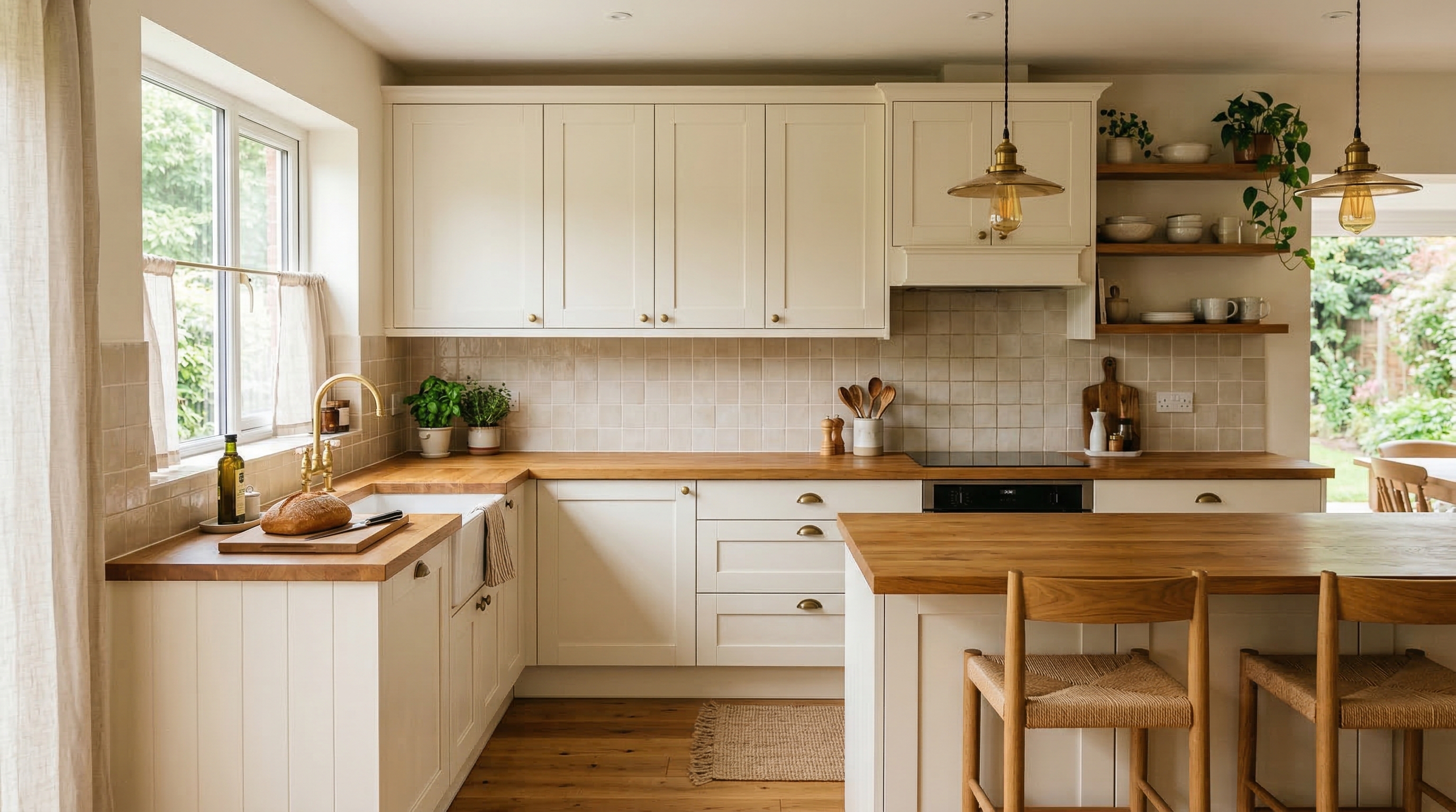 奶油風廚房設計，白色廚櫃與暖木色檯面搭配