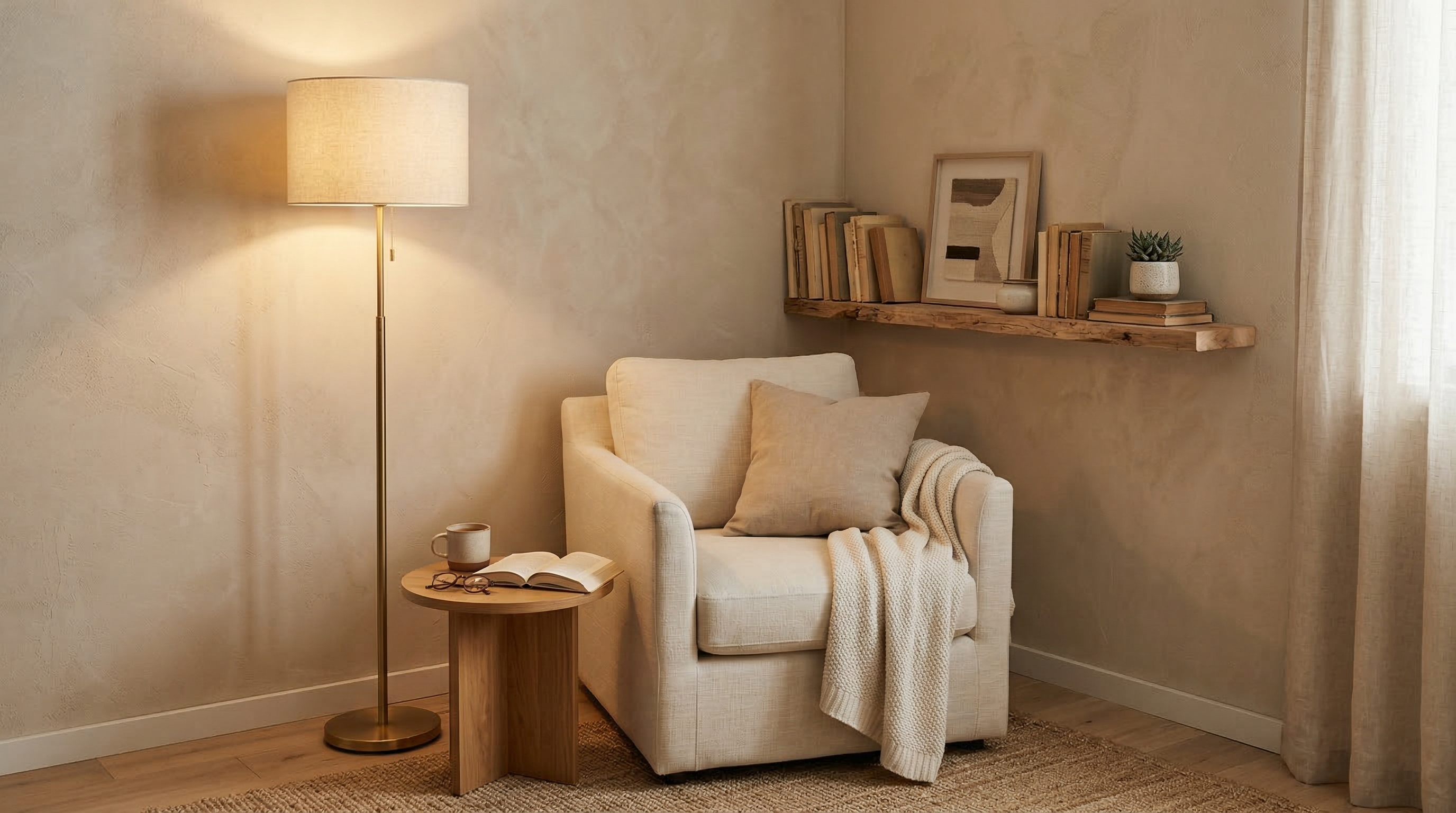 奶油風設計，藤編單椅與植物軟裝搭配